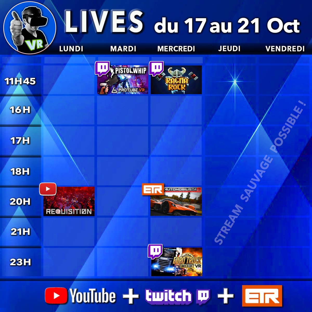 ⏰ PLANNING du 17 au 21 Octobre !
          ---------------------------
🔴 Tous mes réseaux ici : linktr.ee/virtualgo
... et un petit nouveau devrait arriver #pico4 🥰

#VirtualReality #RéalitéVirtuelle #BougeTaVR  #RagnarockVR #PistolWhip #Ets2 #RequisitionVR @vr_arcadia