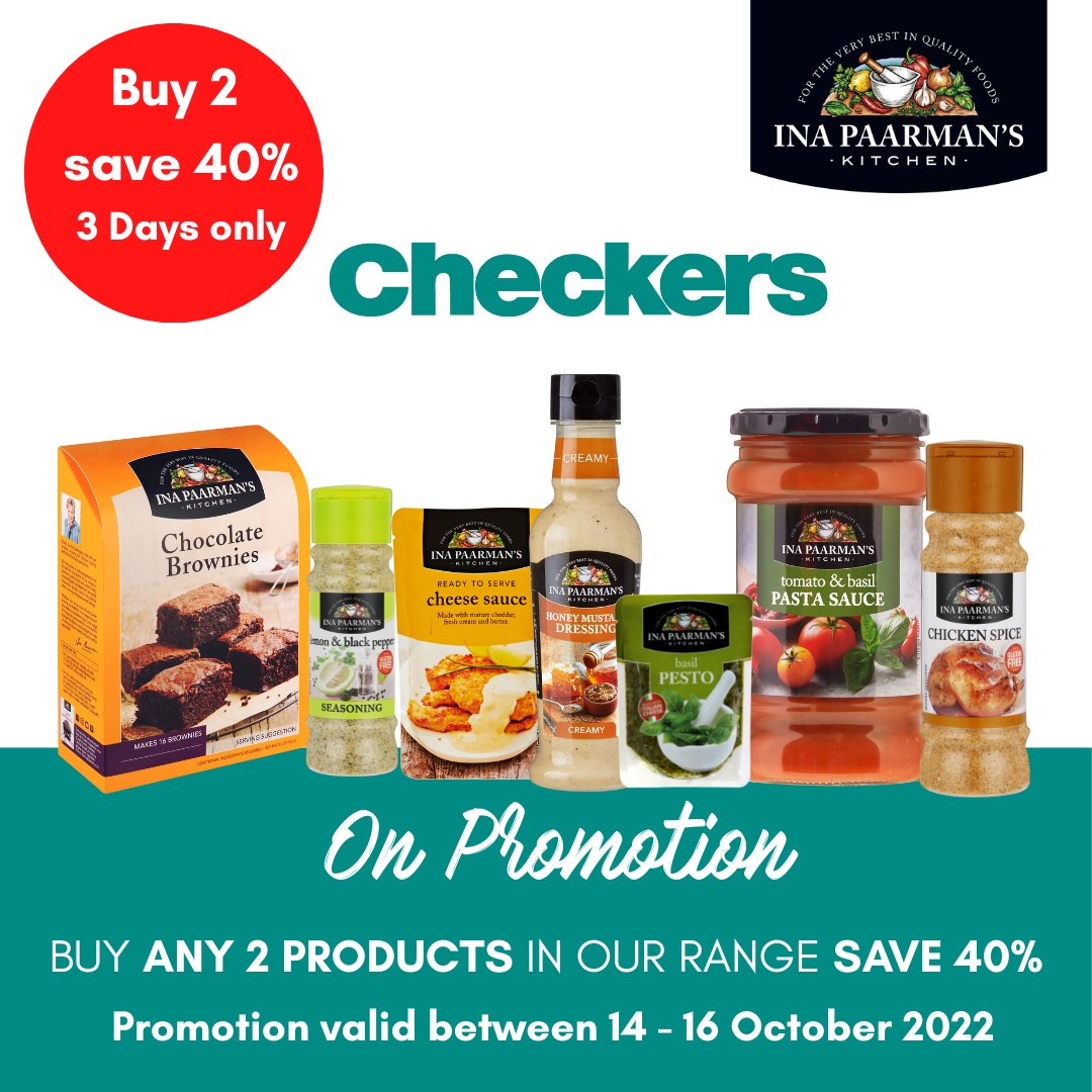 inapaarman's tweet photo. Christmas came early at Checkers Stores nationwide.
For three days only, buy any 2 Ina Paarman products and save 40%
Promotion is valid until 16 October 2022
#checkers #retailpromotion #threedaysonly https://t.co/cdJJd69bKj