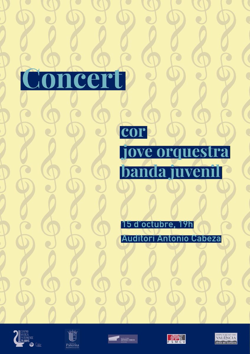 🎼 CONCERT del *COR, JOVE ORQUESTRA i BANDA JUVENIL* del CMP 🎶

📅 Dissabte 15 d’octubre 🕗 a les 19:00 h.
📍Auditori Antonio Cabeza de Paterna

No podeu faltar!! 🎻🗣🎺

#CMP #75anys #FemSonarPaterna
