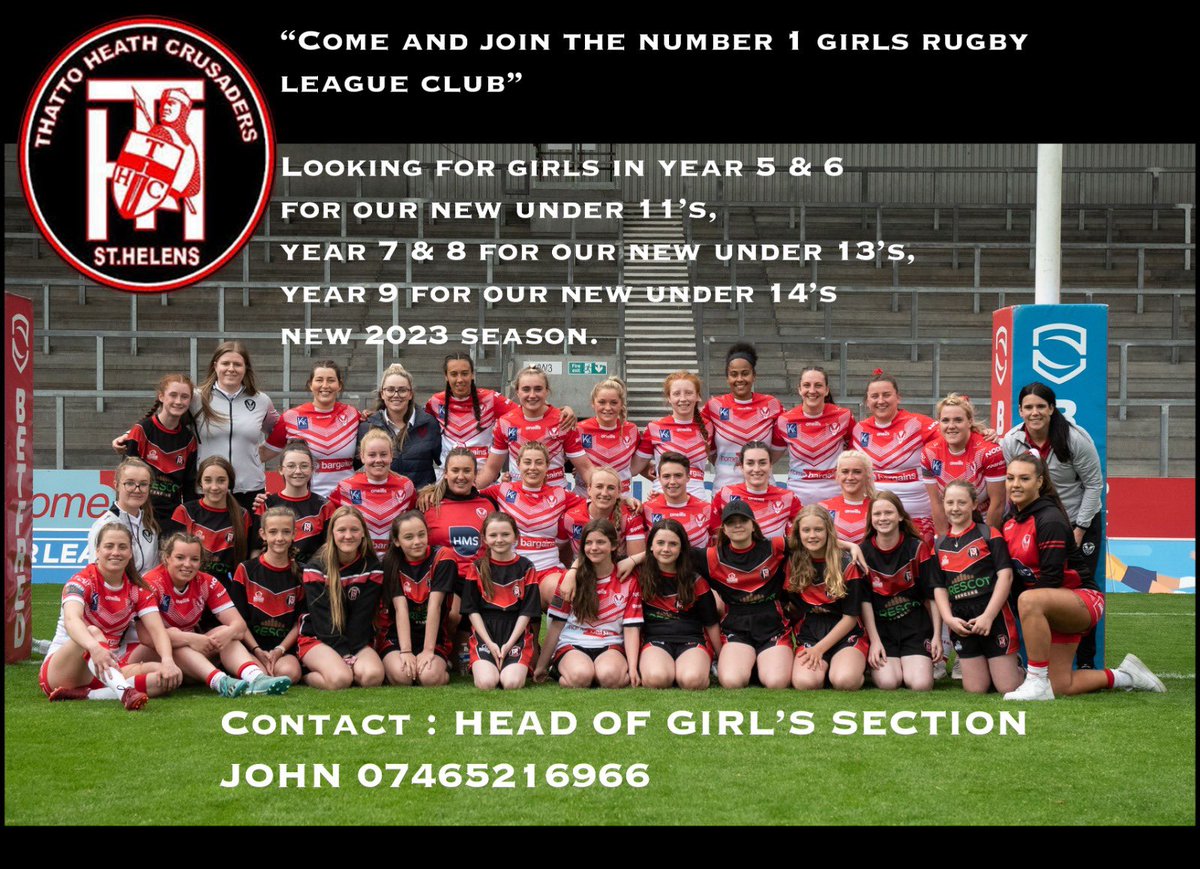 Thattogirlsu12's tweet photo. Recruiting for our girls teams. We have a brand new u11s coached by a St. Helens player, looking for players in our older age groups. Come and join the journey that is girls rugby league and have fun @ThattoGirlsRL https://t.co/QU24uRSciD