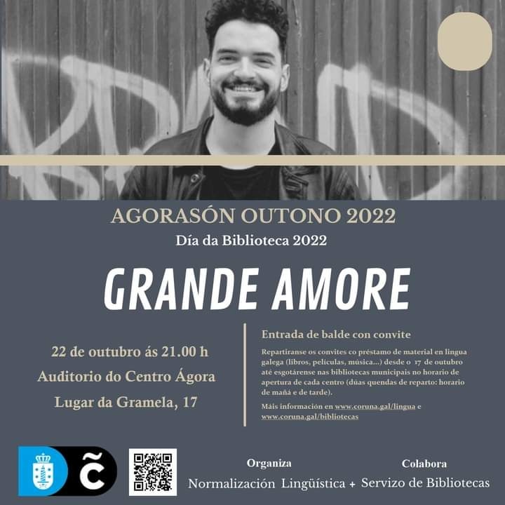 Desvelamos quen vai estar no AgoraSón outono, o sábado 22 ás 21.00 h: Grande Amore!! Premio Martín Códax da Música ao mellor proxecto de música electrónica 2022!! En colaboración coas Bibliotecas Municipais da Coruña! Precisaredes invitacións, que se recollerán nas biblios! 😍
