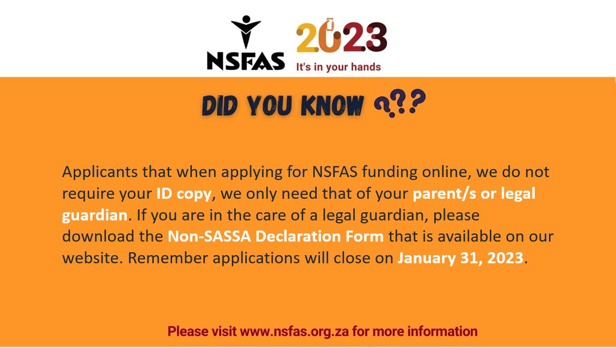 Good day applicants please note that when applying for NSFAS funding online, we do not require your ID copy, we only need that of your parent/s or legal guardian. Please read more below 👇, remember applications close on January 3, 2023. 

#ItsInYourHands
#NSFAS2023