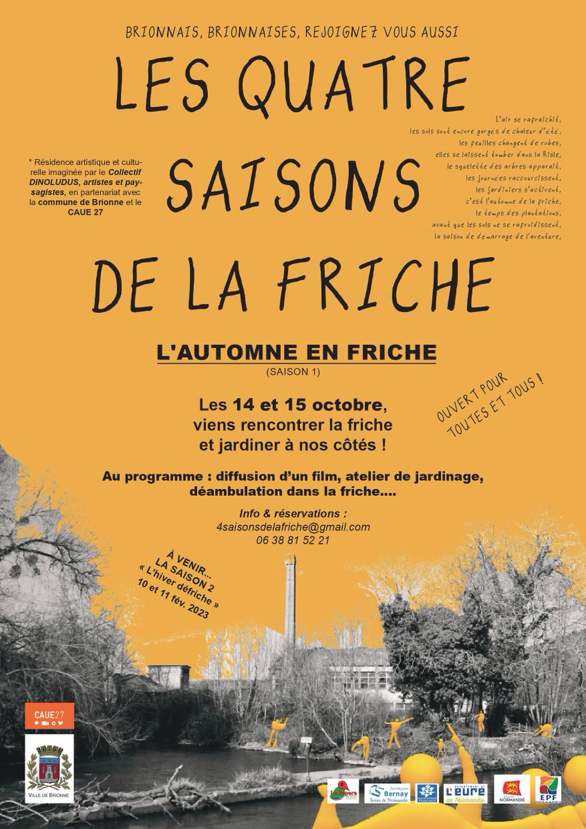 <a href="/EPFNormandie/">EPF Normandie</a> partenaire résidence artistique et culturelle « Les 4 saisons de la friche » avec Ville Brionne,@CAUE27_,<a href="/RegionNormandie/">Région Normandie</a>, Département <a href="/EureenNormandie/">Département de l’Eure</a>,Bernay Terres de Ndie,DRAC, CAF 27
Saison 1 : 14-15 oct 2022 à Brionne