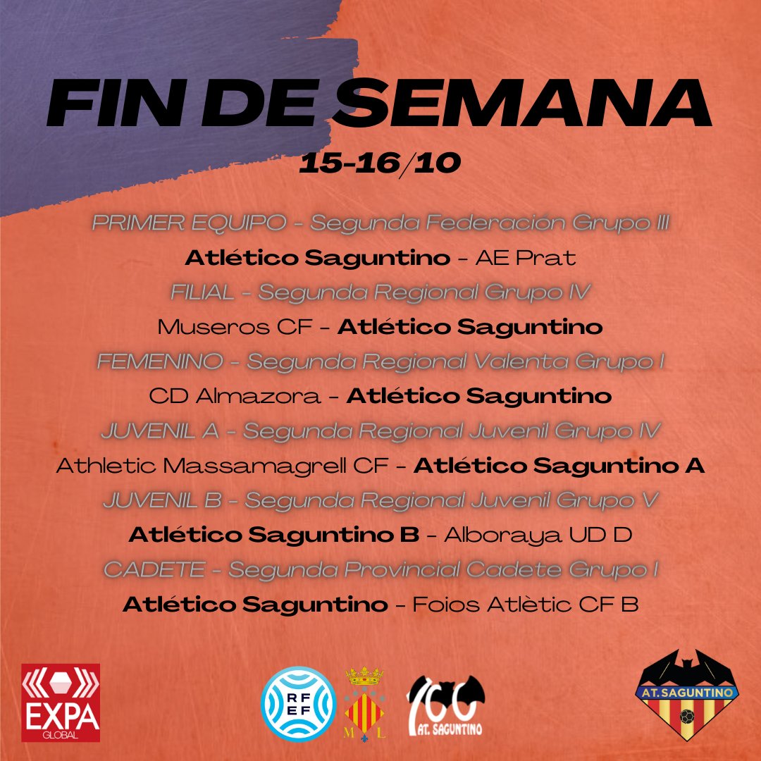 AtcoSaguntino's tweet photo. ⚽ 𝐅𝐈𝐍 𝐃𝐄 𝐒𝐄𝐌𝐀𝐍𝐀

Así se presenta el fin de semana para nuestros equipos. 💪🏼❤️💙⚔️

➡️ Partidazo para el filial 🆚 #MuserosCF

➡️ Debut del prebenjamín 👏🏼

➕ℹ️ https://t.co/4RAXh4T3lh https://t.co/zVm2MDatgI