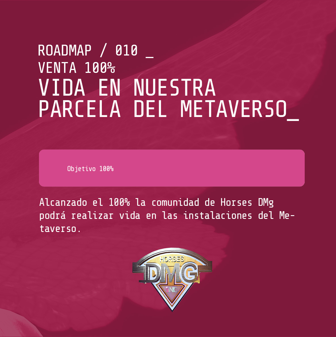 HorsesDMG's tweet photo. Te recordamos nuestro Roadmap!
Una vez alcanzado el objetivo del 100% la comunidad de Horses DMG podrá realizar vida en las instalaciones del Metaverso.

Comprar Horses DMG
https://t.co/yDpUAMnXMs
+Info https://t.co/Yc8SUYEhen

#NFTs #NFTCommunity #nftart #nft #hipica #Horses https://t.co/RhwJi8e5Oz