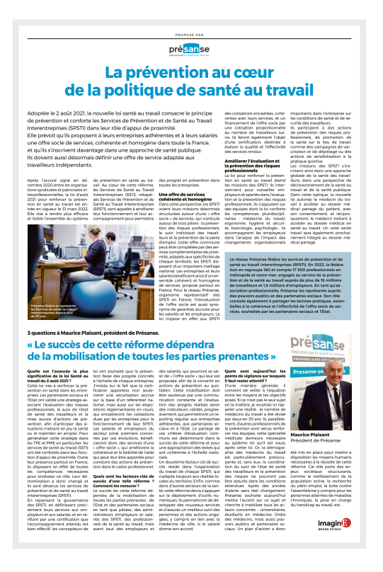 "Prévention et politique de santé au travail". Les Echos consacrent un article sur la Loi du 2 août 2021. Maurice PLAISANT, président de l'Association Présanse répond à 3 questions majeures sur les enjeux d'une réforme qui nous concerne tous.
👉 bit.ly/3MssIX0