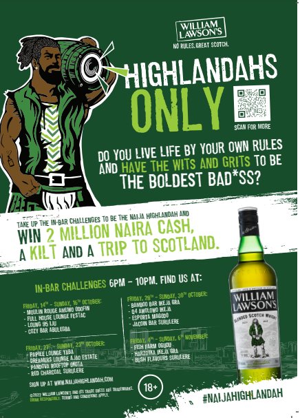 oti_pr's tweet photo. The season for amazing surprises is upon us. Enjoy a trip to Scotland and win amazing cash prizes!
@WilliamLawsonsG is giving you a shot to be the #NaijaHighlandah. 
Sign Up to participate now: https://t.co/UNe6Pq24tl
#MyRulesMyLife #WilliamLawsons 
Hurry 😁😁 https://t.co/Fqq42Rg2OC
