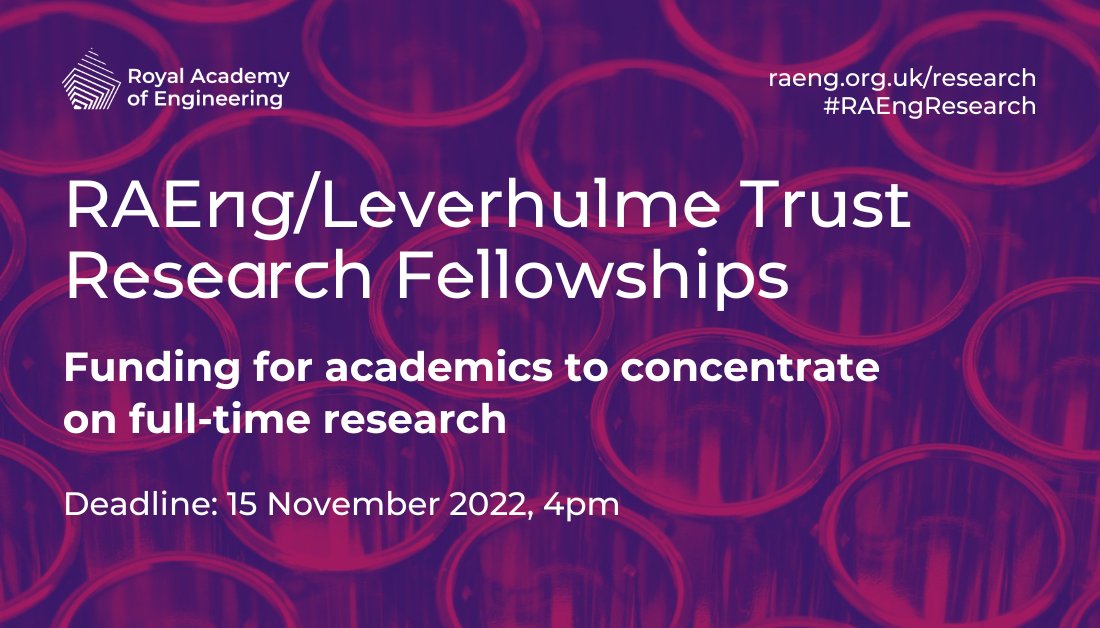 RAEngNews's tweet photo. Want more time to focus on your academic research? Applications are now open for the RAEng/@LeverhulmeTrust Research Fellowships. This scheme provides the funding and support to cover teaching and administrative duties. For more details: https://t.co/FJ2JLUw7N3 #RAEngResearch https://t.co/sNhMaM33lo