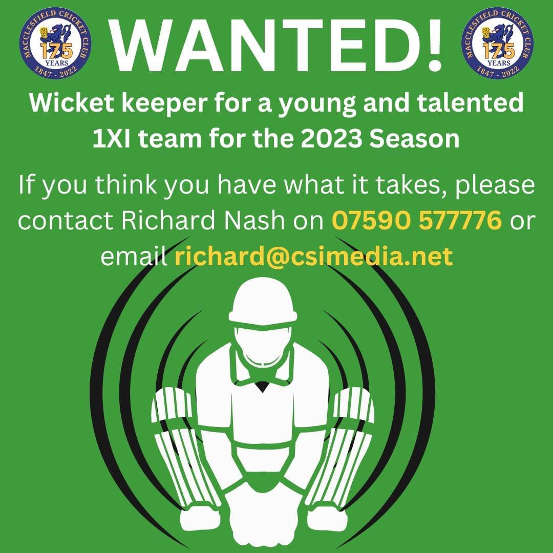 We are looking for a #wicketkeeper to join our #youngandtalented #1XI squad for the #2023Season #cricket #macclesfield #cheshire #cricketer #cricketlife #wedontlikecricketweloveit #PleaseRT 🏏🦁🏏
