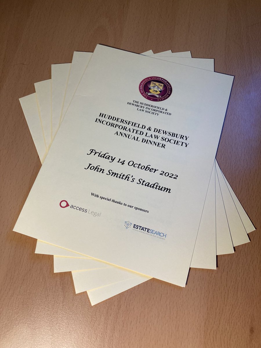 Our Annual Dinner is taking place this evening at @JS_Stadium with <a href="/TheShaunWallace/">Shaun Wallace - The Dark Destroyer - the Chase</a> Thanks to our sponsors <a href="/AccessGrpLegal/">Access Legal</a> <a href="/Estaterisq/">Estatesearch</a> Looking forward to seeing <a href="/RamsdensLLP/">Ramsdens Solicitors LLP</a> <a href="/YorkshireLegal/">Chadwick Lawrence</a> <a href="/schoeys/">Schofield Sweeney</a> <a href="/ridleyandhall/">Ridley & Hall</a> <a href="/IsonHudds/">Ison Harrison Huddersfield</a> <a href="/xyzlaw_/">XYZ Law</a> <a href="/EatonSmithLLP/">Eaton Smith LLP</a> Disken &amp; Co &amp; Haigh Solicitors