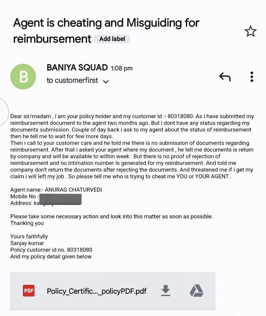 HarshGuptak's tweet photo. @religareoficial @careinsuranceIN @IRDA_OFICIAL   i was misguided and cheated by one of the agent and there is no action till now by the company https://t.co/BXUwJ6KRKr