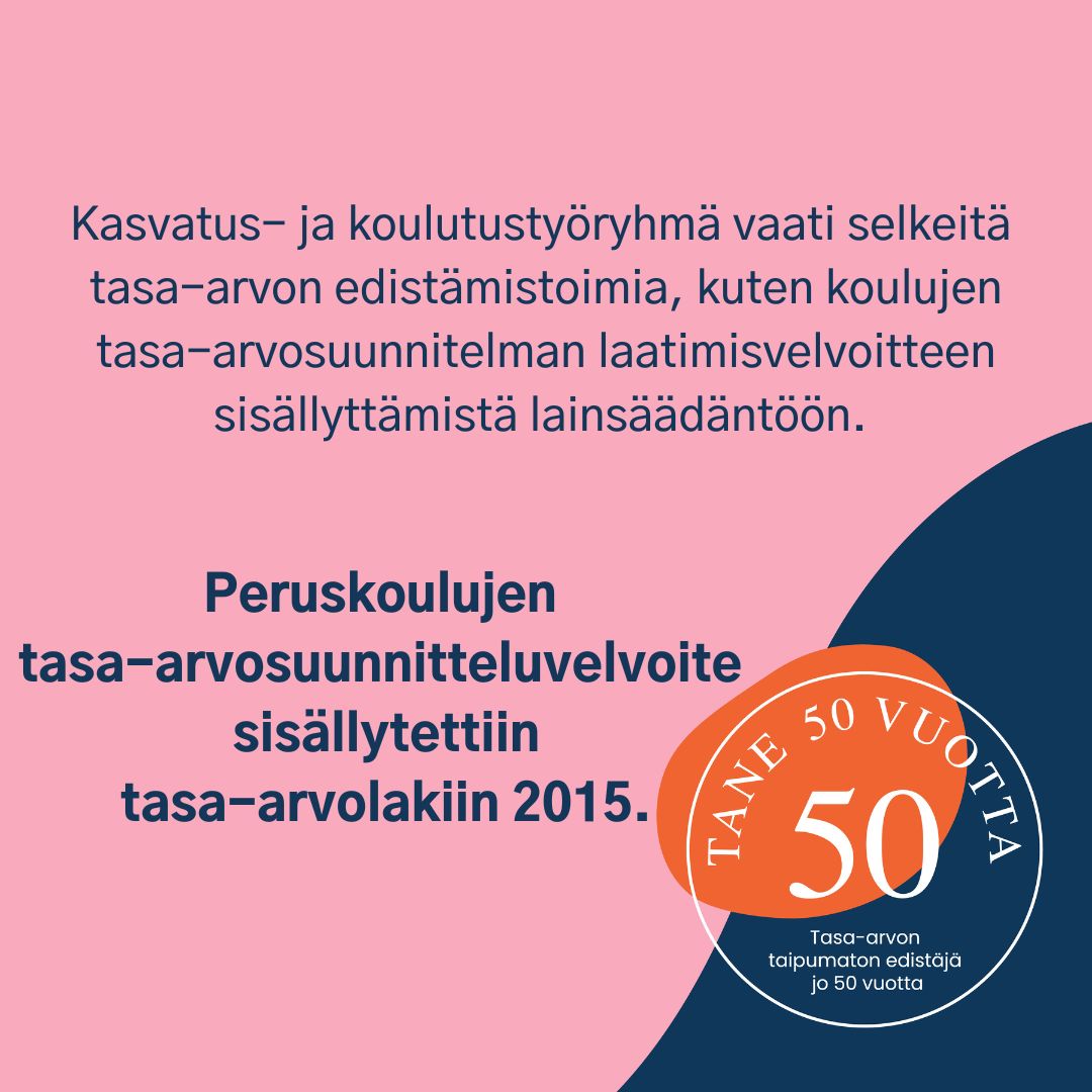 tasaarvoTANE's tweet photo. Tanessa toimi vuosina 2010-2015 kasvatus- ja koulutustyöryhmä, jonka tehtävänä oli pohjustaa neuvottelukunnan uusia kasvatus- ja koulupoliittisia tavoitteita. #Tane50 #TasaArvo https://t.co/qzROUz8NZv