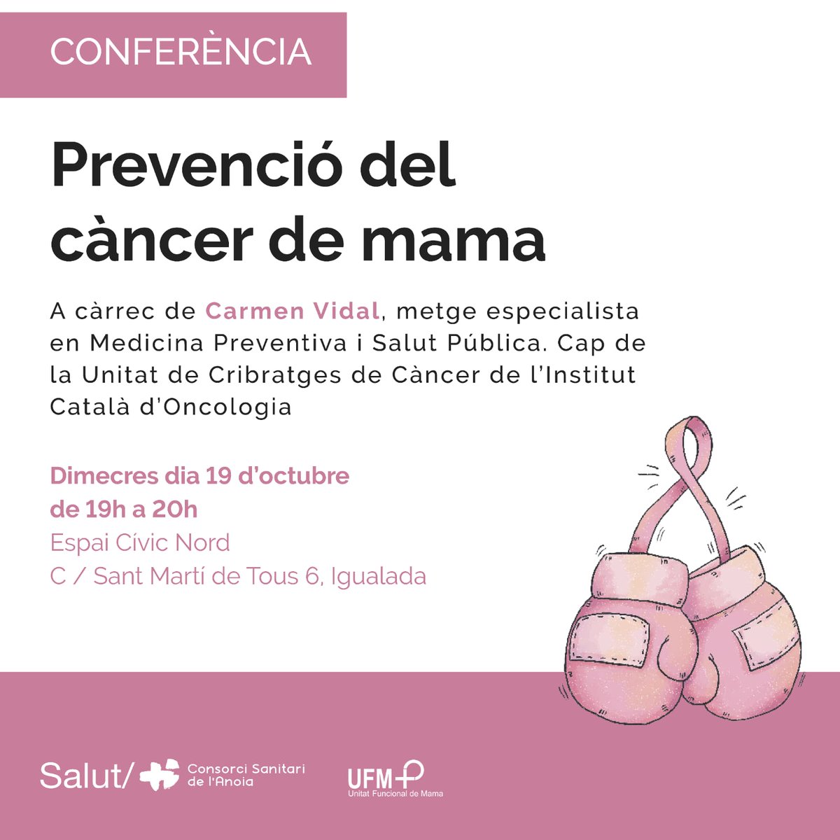 Hospitaligd's tweet photo. La metge especialista en Medicina Preventiva i Salut Pública, cap de la Unitat de Cribratges de Càncer de l'@ICO_oncologia, Carmen Vidal, serà a #Igualada amb motiu del Dia Internacional de la lluita contra el càncer de mama per parlar sobre prevenció i detecció precoç. https://t.co/HWs9TFazVG