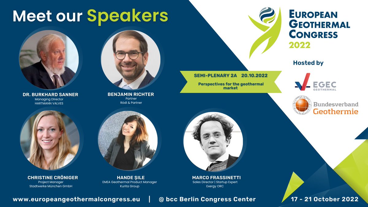 On Thursday 20th we have a second round of semi-plenaries for you!

Session 2A is all about the future of #geothermal #energy. We welcome the #speakers Christine Cröninger, Hande Sile <a href="/handesile/">hande şile</a>, Dr Burkhard Sanner, Benjamin Richter <a href="/energierichter/">Benjamin Richter</a> &amp; Marco Frassinetti.
Join them!