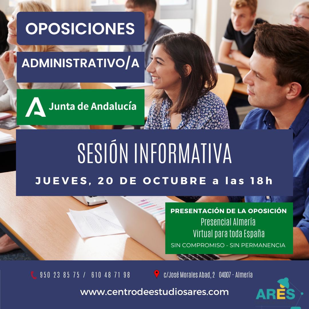 AresEstudios's tweet photo. 🟢 Administrativo/a de la Junta de Andalucía

Sesión Informativa:

📅 Jueves, 20 de Octubre
⏱ 18:00h

🔽

https://t.co/Tm63UJyEQJ

#oposiciones #oposicionadministrativo #oposicionauxiliaradministrativo #oposicion #opositor #opositora #oporutina #opozulo #unaplazaesmia https://t.co/3syyzVht7z