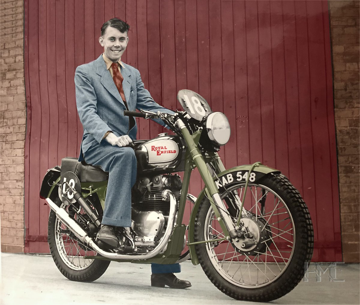 A #colourised picture of Johnny Brittain looking very dapper aboard a #Redditch factory works bike. #royalenfield #endurobike #royalenfieldbullet #trailsbike #bullet #riding #trials #ISDT #enduro #twin #meteor #offroad #1950s #motorcycle #classicmotorcycle #photoshop #offroad #re