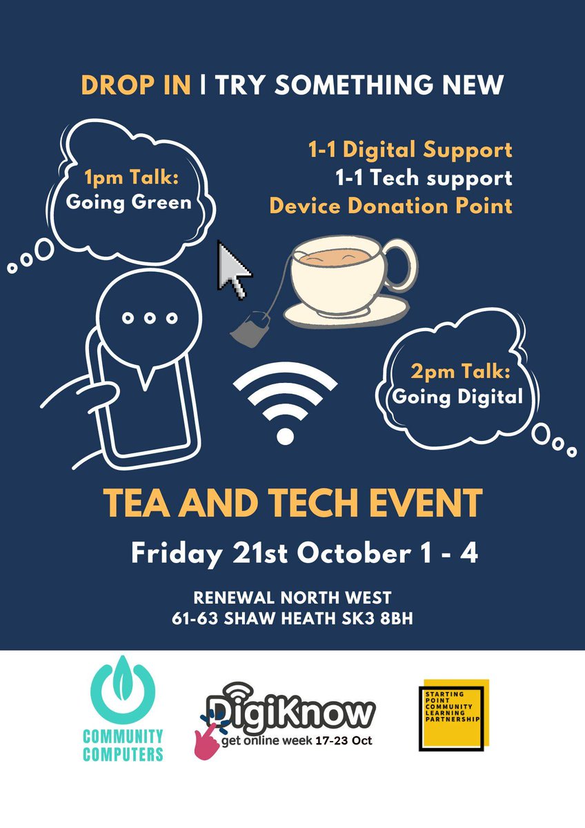 Come down to us at Refresh Coffee House (at Renewal North West) for Tea and Tech on 21st October to learn more!