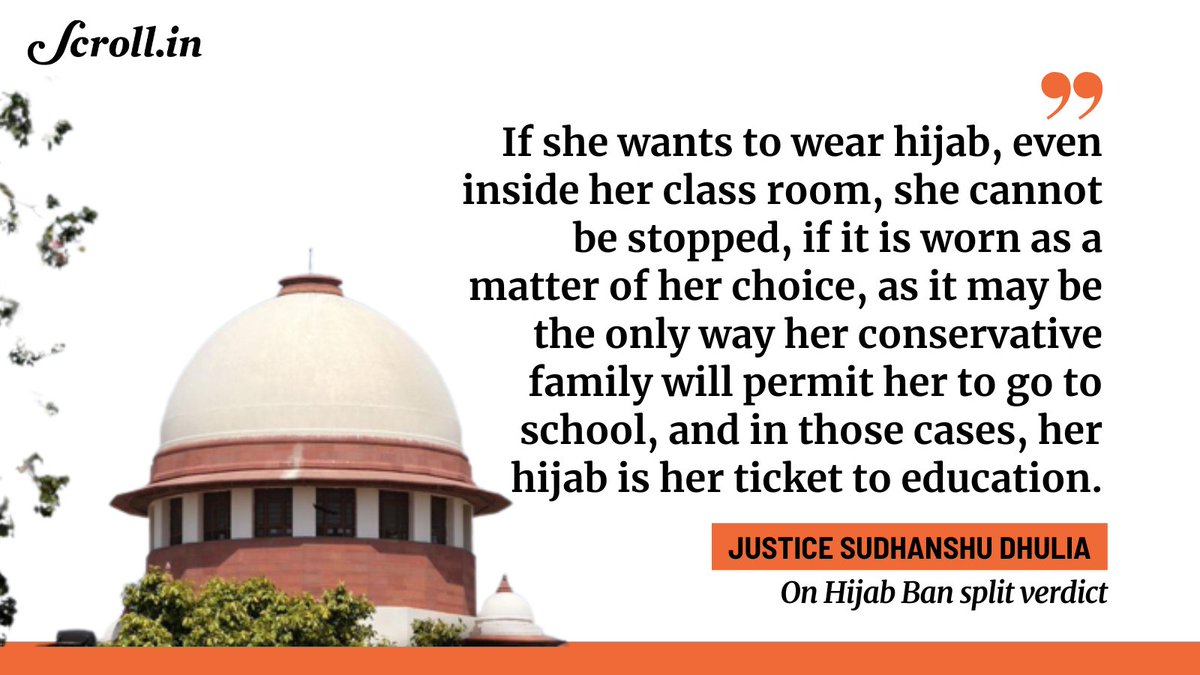 While Justice Sudhanshu Dhulia quashed the Karnataka government’s order on #HijabBan, Justice Hemant Gupta dismissed the petitions. 

Top quotes from SC’s split verdict: scroll.in/latest/1034958/

#HijabVerdict #HijabSplitVerdict
