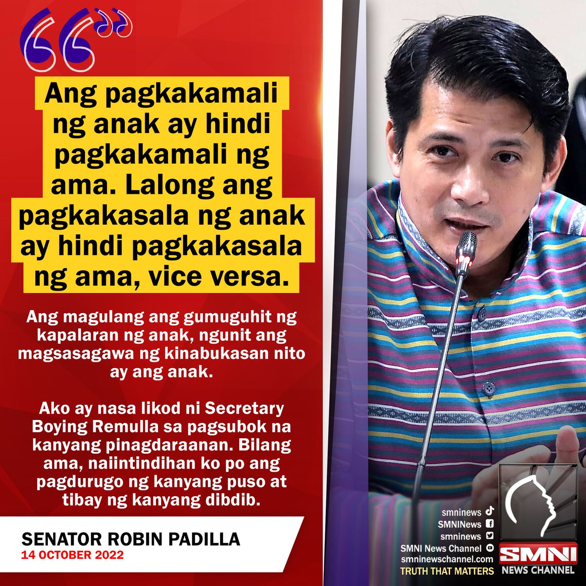 smninews's tweet photo. Senator Robin: Ako ay nasa likod ni Secretary Boying Remulla sa pagsubok na kanyang pinagdaraanan. https://t.co/Ab7sMFArky