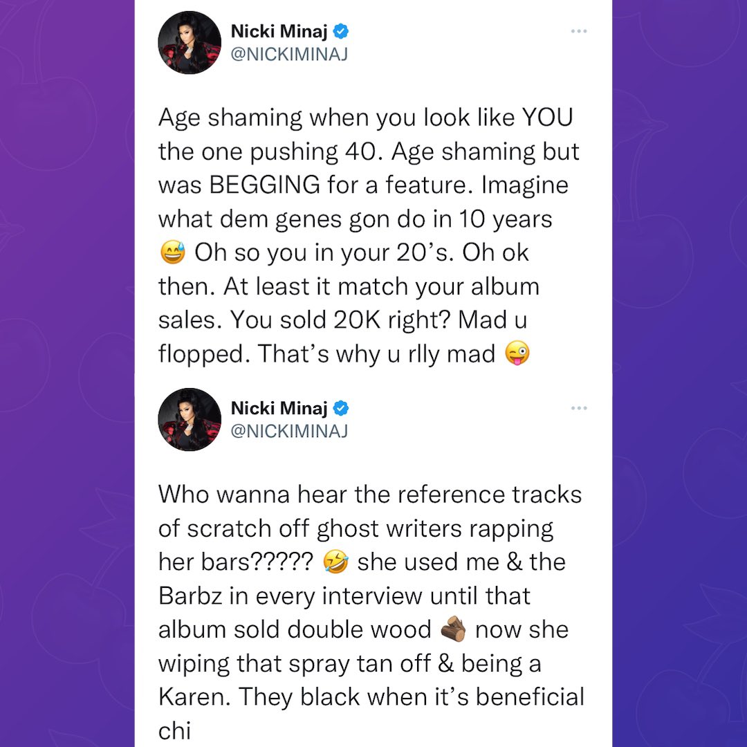 PopBase's tweet photo. Nicki Minaj calls out Latto ‘age shaming’ and says she used her fanbase for album sales:

“Oh so you in your 20’s. Oh ok then. At least it match your album sales. You sold 20K right… she used me &amp; the Barbz in every interview until that album sold double wood” https://t.co/gY611T1Rbw