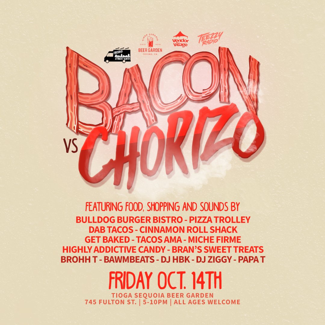 mikeoz's tweet photo. Bacon vs. Chorizo night is Friday at @TiogaSequoia  with @fresnostreeteat. Come get greasy with us. https://t.co/0iw5LV3KKB