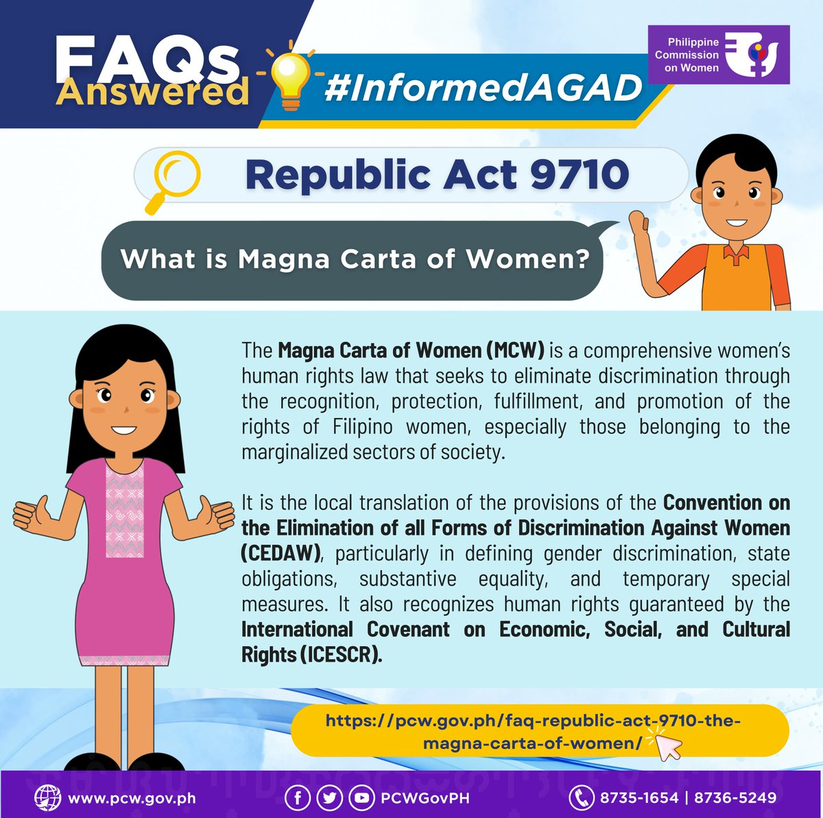PCWgovph's tweet photo. #InformedAGAD: Republic Act 9710 | Ano ang Magna Carta of Women o MCW?
May tanong tungkol sa GAD? #ISearchAGAD sa https://t.co/mznSYS7NBJ at ma #GuidetoGAD: https://t.co/7NsrcnPPcM
Download: Brochure: https://t.co/XKd8zVLU0S & IRR: https://t.co/FrkBd2pRzi
#PCWDigitalGADLibrary https://t.co/wmIGCYcJbQ