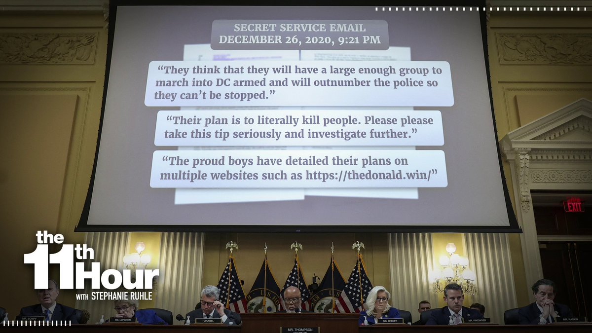 11thHour's tweet image. The January 6th committee ended its ninth hearing with a unanimous vote to subpoena former President Trump. It comes as the committee laid out new details of the warnings the Secret Service received before the Capitol attack.

More: on.msnbc.com/3Vqmn2w