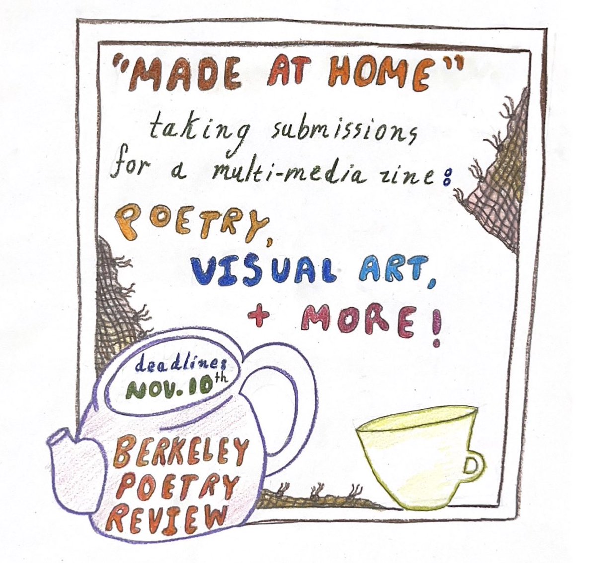 berkeleypoetryr's tweet photo. This Fall’s publication are now open! We are excited to present BPR’s first zine.

The theme for this collection is “made at home” — please send us your pieces that speak to the familiar, the intimate, the handcrafted, and everything in between.

Link in bio to submit <3 https://t.co/NyeZyuLLsN