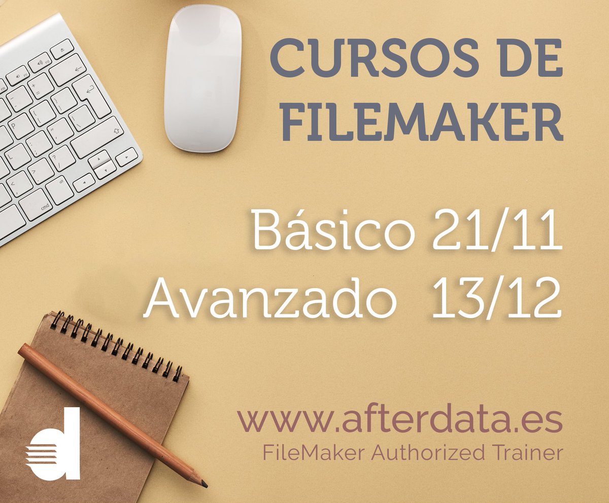 Nuevas fechas para los #cursos online de #FileMaker en Afterdata:
- "De Cero a Cien" (básico): 21 de noviembre.
- "Aplicaciones profesionales" (avanzado): 13 de diciembre.

Más info en afterdata.es/cursos