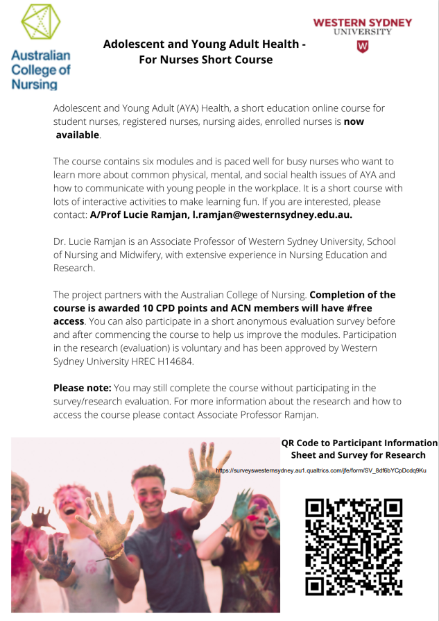 Are you a nurse interested #Adolescent #youngadult health? Here is a short, online introductory educational course for you. With our partners @acn_tweet members can get 10CPD. This is also part of a small study with a pre-posttest so review the PIS for more details #free access.