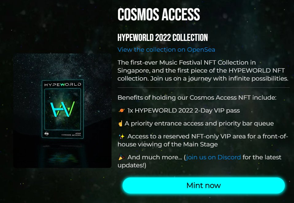 Do you want exclusive VIP access to H Y P E W O R L D, the BIGGEST inaugural EDM festival in Singapore?

Mint now to get 1x #HYPEWORLD 2022 2-Day VIP pass, priority queues at the festival, access to an exclusive VIP area viewing experience and more!: mint.hypeworld.io/?tier=public