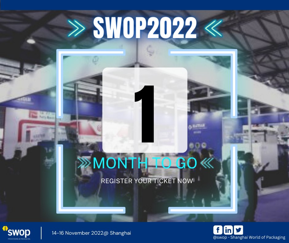 1 month left❗ Can't wait to see you all at #SWOP2022 and explore the cutting edge value chain of the packaging industry😎

Register now🎫 adlnk.cn/A3aabw5

#swop│Enter the Era of Smart &amp; Innovative #Packaging
🗓️14-16/11/22 🗺️SNIEC, Shanghai
#interpackalliance #interpack