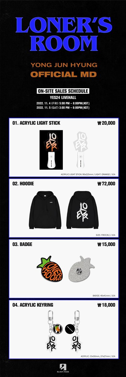 BLACKMADE_ent's tweet photo. 2022 용준형 CONCERT [LONER's ROOM] OFFICIAL MD

📍판매 일시
2022.11.04. 5PM ~ 8PM
2022.11.05. 3PM ~ 6PM

📍판매 장소
YES24 LIVE HALL

#용준형 #YONGJUNHYUNG
#LONERs_ROOM #BLACK_MADE https://t.co/JUjKRn1h2T
