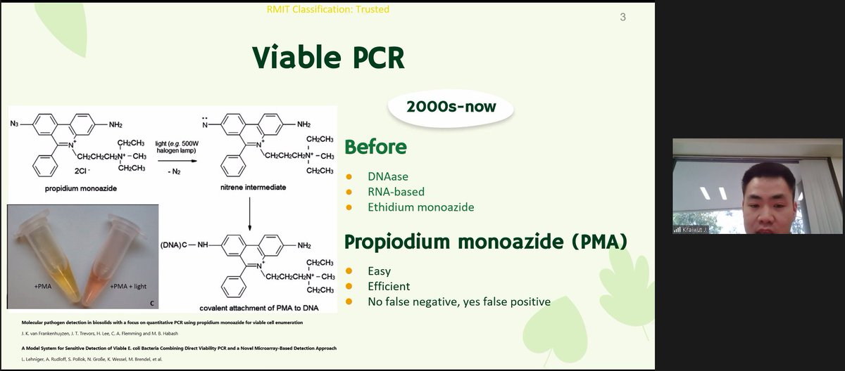 VictoriaMEEM's tweet photo. The final talk for session 1 of #MEEM2022 is Kraiwut Jansriphibul from @arcbiosolids at @RMIT, informing us all about how using #viablePCR is the way of the future for understanding #microbialdiversity. Who knew that you can use DNA to differentiate #live from #dead microbes! https://t.co/LNSybraOtQ