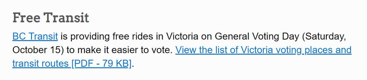 BetterVictoria2's tweet photo. @BCTransit is providing free rides in Victoria on General Voting Day (Saturday, October 15) to make it easier to vote.

View the list of Victoria voting places and transit routes here: https://t.co/afRCOM6cOP https://t.co/hSekK3RhAH