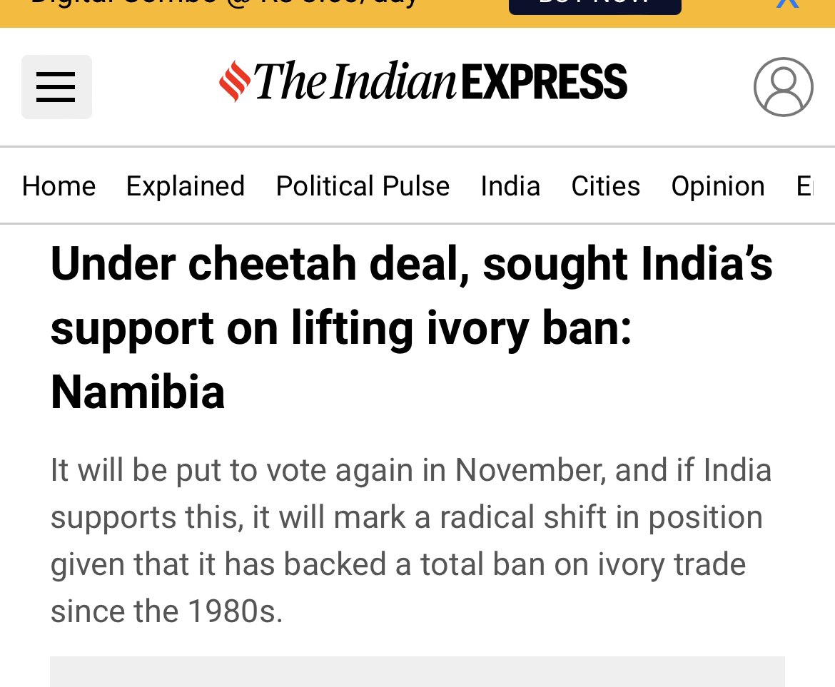 In exchange for sending cheetahs, Namibia has officially said that it sought India’s support on lifting the international ban on ivory (elephant tusks). 

Modi govt will, predictably, feign ignorance.

Will be filing an RTI to ask if Modi govt is now supporting elephant poaching.