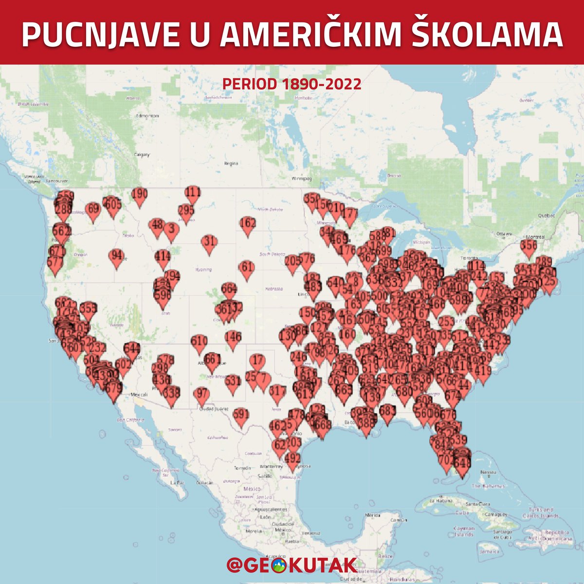geokutak's tweet photo. Samo u prethodne DVE I PO GODINE, u američkim školama dogodilo se OSAMDESET OSAM pucnjava, od kojih je najsmrtonosnija bila u teksaškom gradu Uvaldeu, kada je 18-godišnji napadač ubio 19 školaraca mlađih od 10 godina i 2 učitelja. 😶 https://t.co/Zest1eWXQL