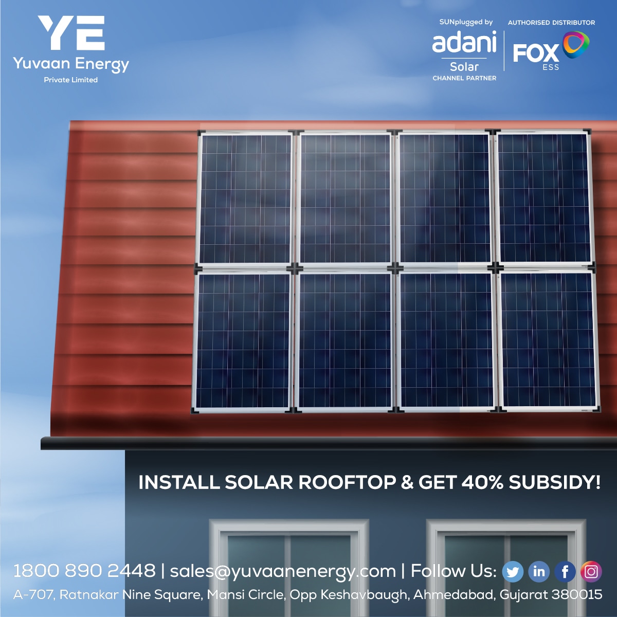 YuvaanEnergy's tweet photo. 40% Subsidy is On! 📣
Install Solar Rooftop to avail the benefits!
Call 1800 890 2448 today and book your site visit with us.
#solar #solarrooftop #SolarEnergy #GreenEnergy #solarsubsidy #subsidyonsolar #gujaratgovernment #solarpower #installsolar #solarpanels #Trending https://t.co/KGvu1SfCUx