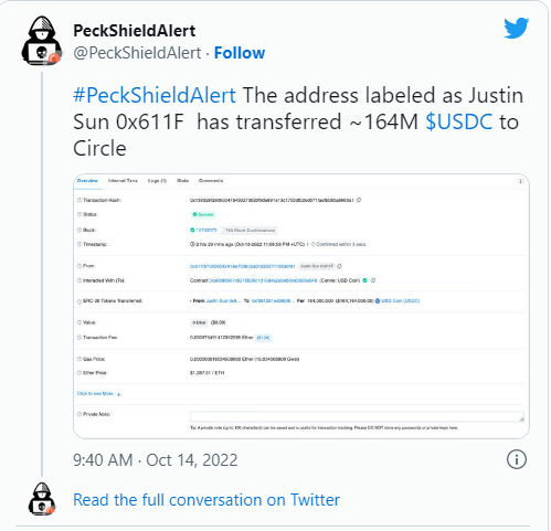 metaGraveGo's tweet photo. In the #Crypto security firm’s latest discovery, #JUSTIN Sun’s labeled #wallet address is experiencing a series of large #transactions . Open where 164 million #USDC transaction is transferred to #circle.
#Megarave #Cryptocurency #blockchain #markets #TRON #Binance https://t.co/dXnilvp2LT