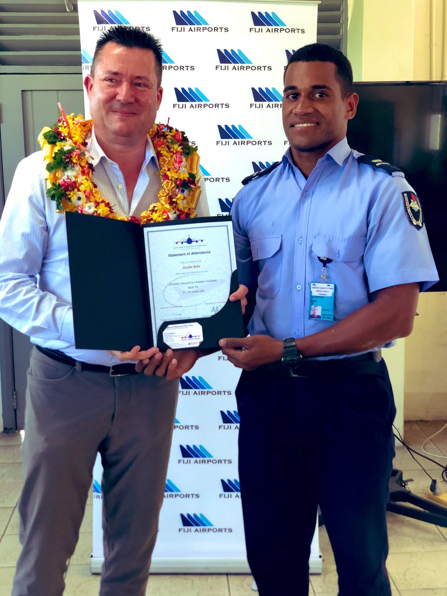 NadiAirport's tweet photo. Aviation Rescue Firefighter Bula Aisake was recognized for his attitude &amp; enthusiasm in the 10 day aircraft fire fighting training! Well done Firefighter Aisake! #ARFFS #FijiAirports 🚒✈️🇫🇯 https://t.co/L6yvEVHDjC
