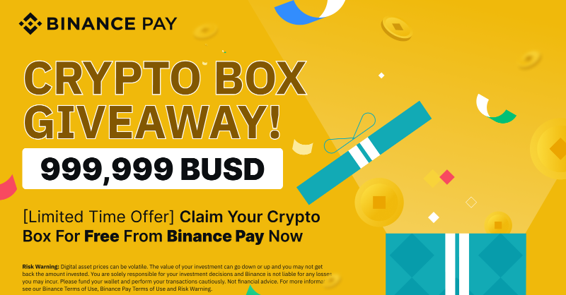 binance's tweet photo. #Binance Pay Crypto Box Giveaway: 999,999 $BUSD up for grabs!