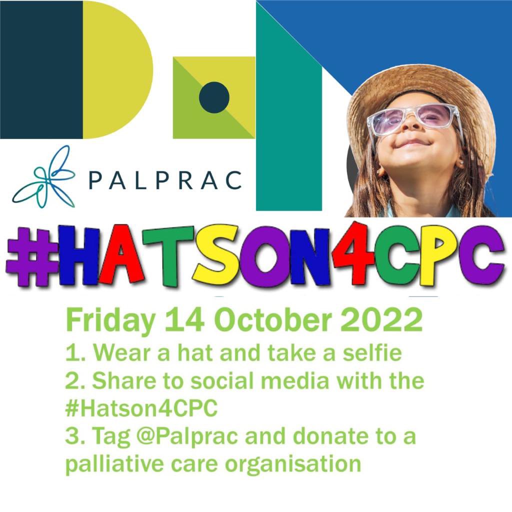 Today is #Hatson4CPC 🧢 Show your support for #peadiatricpalliativecare 🎩

👒 Don't forget to wear a hat, 
🎓 Take a selfie, 
🤠 Post to social media &amp; tag us!
💌 Donate to your favourite children's palliative care organisation.

 #palliativecare #palliativecaresouthafrica