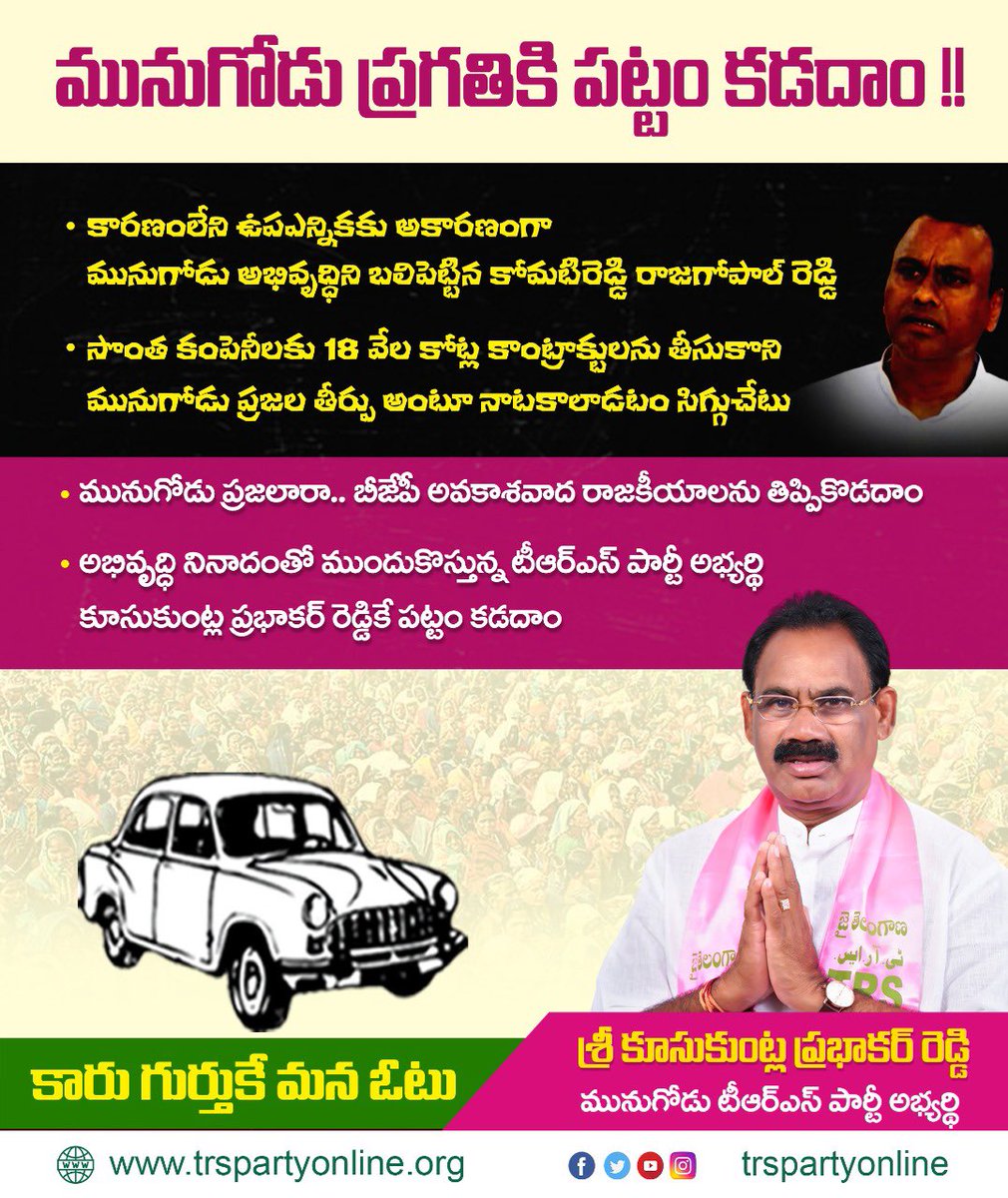 BRSparty's tweet image. మునుగోడు ఉప ఎన్నికలో కారు గుర్తుకే ఓటేద్దాం...

సీఎం కేసీఆర్ గారి నాయకత్వంలో ప్రగతిబాటన పయనిద్దాం.

@Koosukuntla_TRS 

#VoteForCar #MunugodeWithTRS