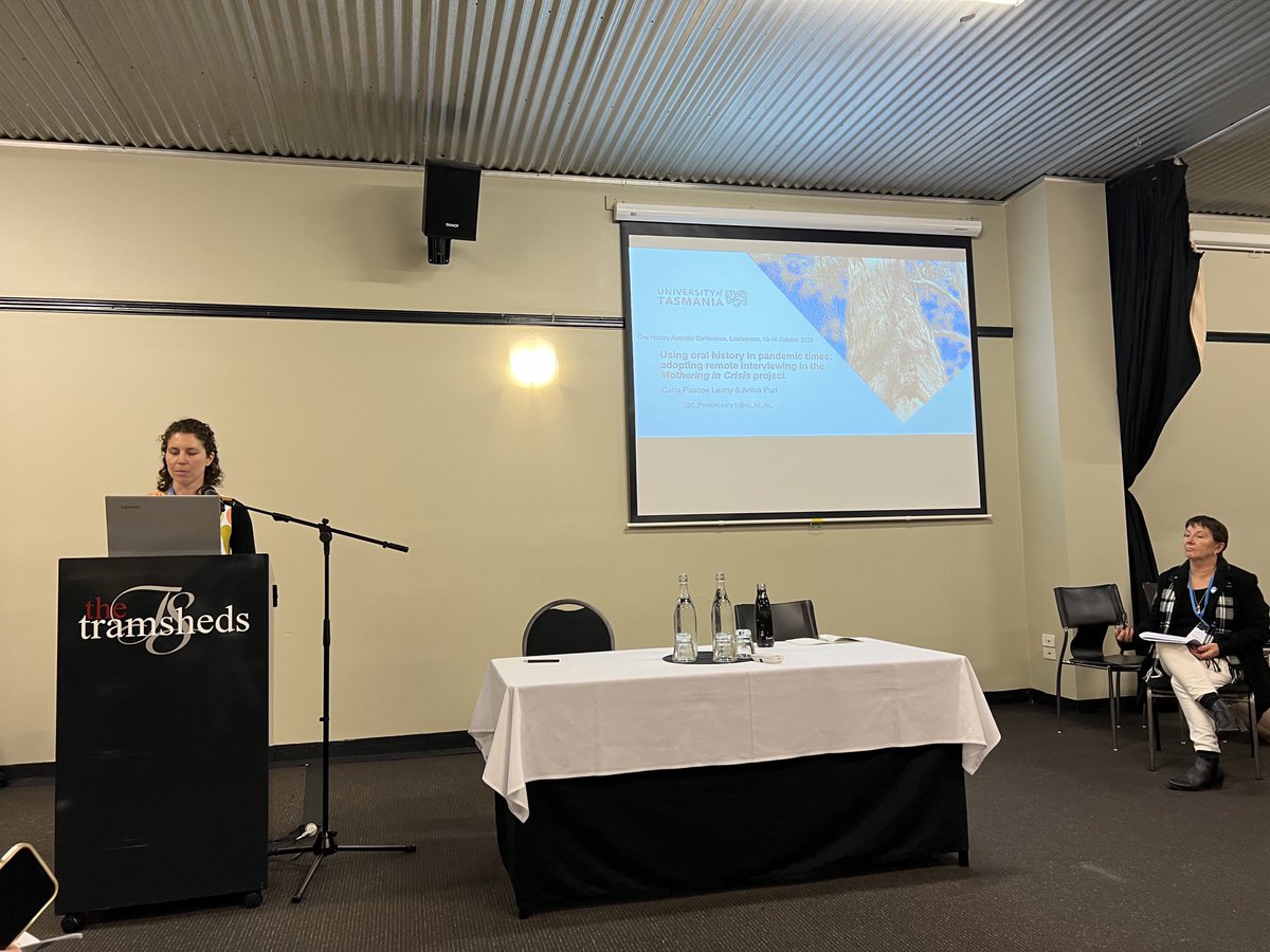 RebeTaylorMelb's tweet photo. ⁦@UTAS_⁩ colleague @C_PascoeLeahy⁩ tells us of ironic difficulty of finding interviewees for her mothering in crisis project (because they are in crisis) ⁦@oralhistoryaus⁩ https://t.co/3yAPeqS9Hr