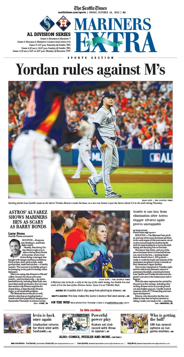 YORDAN RULES AGAINST M's: <a href="/SeaTimesSports/">Seattle Times Sports</a> coverage of the Mariners' loss to the Astros in Game 2 of the ALDS with Houston's Yordan Alvarez again delivering the decisive homer. <a href="/deanrutz/">Dean Rutz</a> photo 📸 <a href="/RyanDivish/">Ryan Divish</a> <a href="/StoneLarry/">Larry Stone</a> <a href="/A_Jude/">Adam Jude</a> <a href="/Matt_Calkins/">Matt Calkins</a> #ALDSGame2 #MLBPostseason