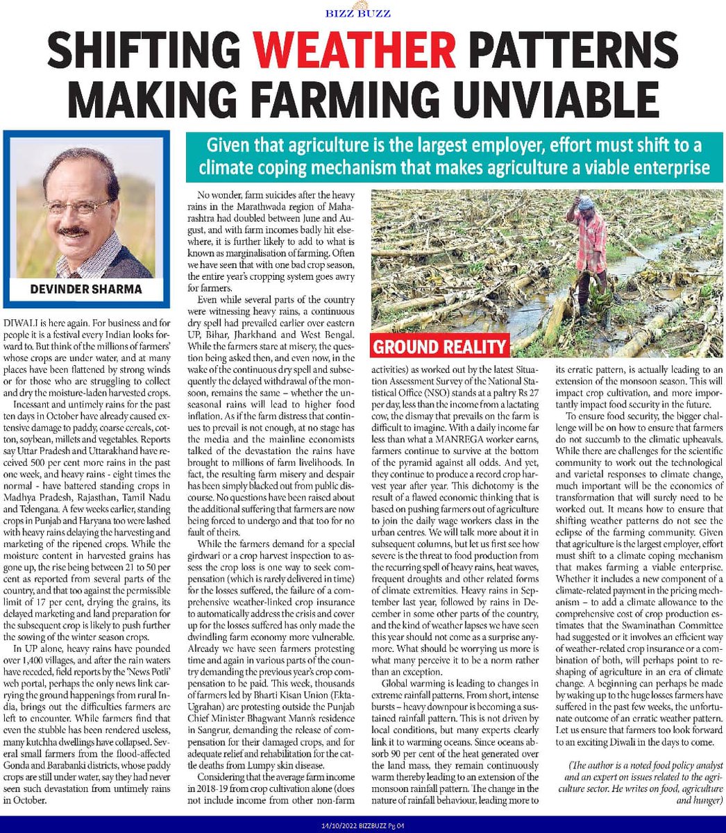 With heavy rains lashing standing and harvested crops in the first 12 days of October, adding on to farm misery, will farmers be looking forward to a bright Diwali this year?My article today. #BizzBuzz. #ClimateEmergency #Farmers