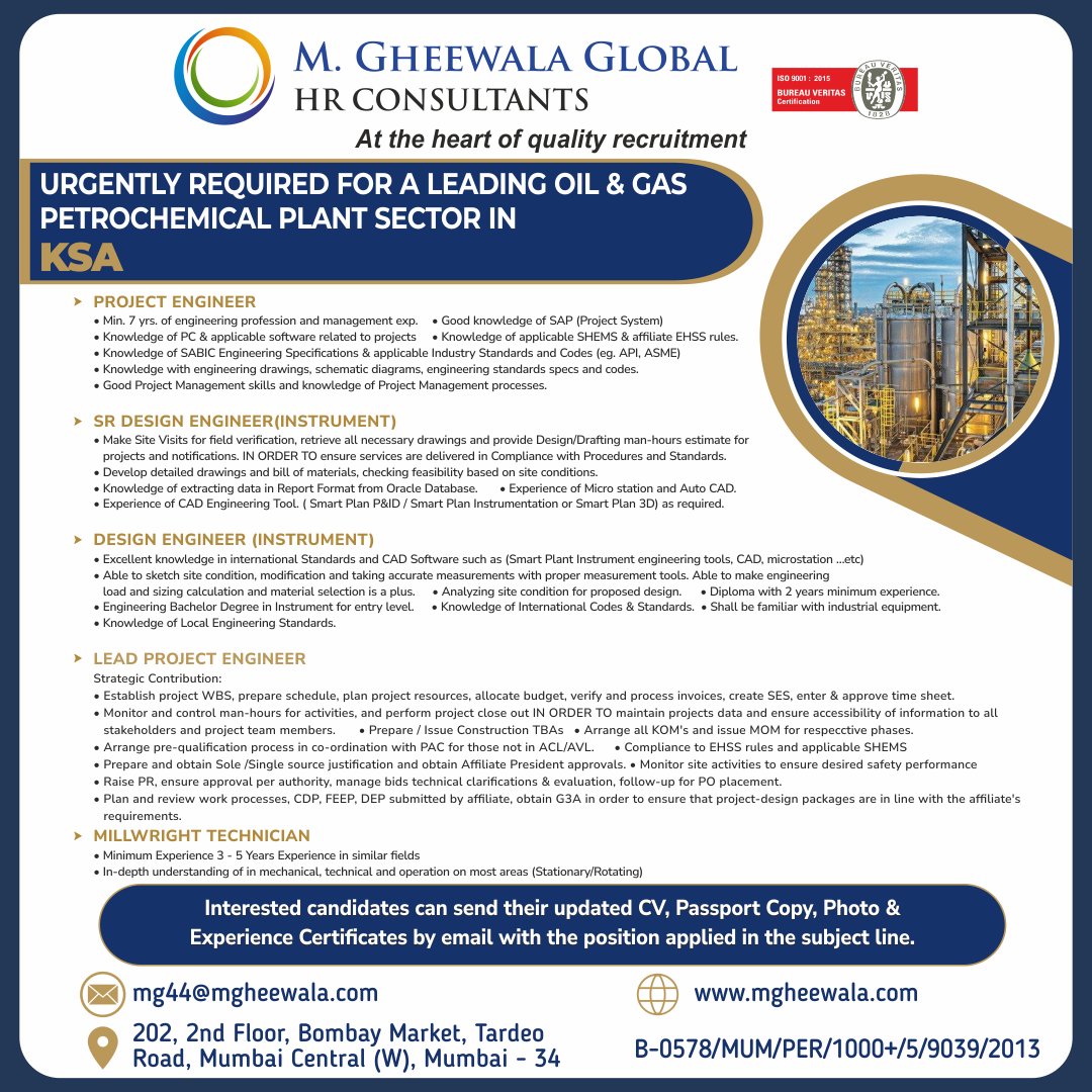 mgheewala_hrc's tweet photo. Job Vacancies for #SaudiArabia
Interested Candidates can send the updated resume to mg44@mgheewala.com
Learn More https://t.co/Ps4bxvjpD1
#saudijobs #projectengineer #esignengineerinstrument #leadprojectengineer #millwrighttechnician #oilandgas https://t.co/XE1WBvcSNP
