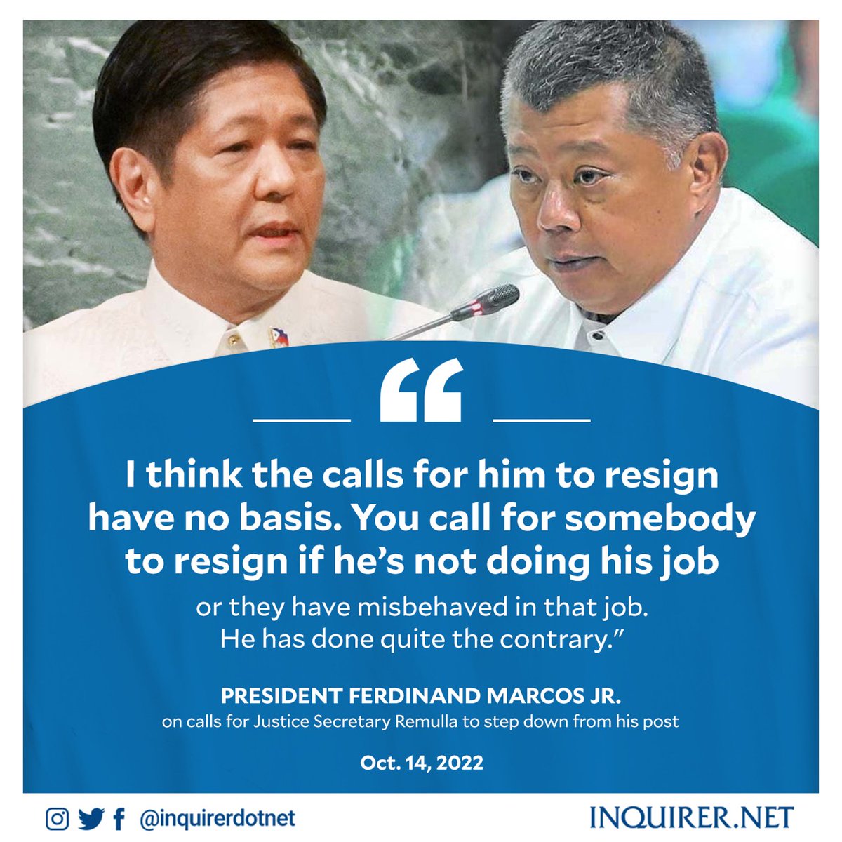 inquirerdotnet's tweet photo. 'YOU CALL FOR SOMEBODY TO RESIGN IF HE'S NOT DOING HIS JOB'

President Ferdinand Marcos Jr. said calls for Justice Secretary Jesus Crispin Remulla to step down from his post following his son’s arrest for drug possession have “no basis.”

READ: https://t.co/2hY0PlL5jE https://t.co/FuG5izZhXy