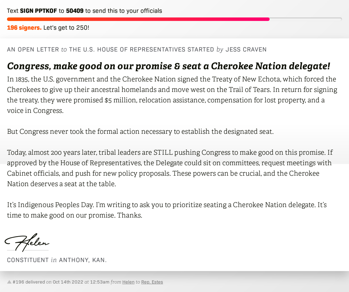 openletterbot's tweet photo. ๐ Sign โCongress, make good on our promise & seat a Cherokee Nation delegate!โ and Iโll deliver a copy to your officials: https://t.co/wEUvHlNpmA
๐จ No. 196 is from @jodicrump13 to @RepRonEstes #KS4 #KSpolitics #KSpol #KSpoli https://t.co/Tv59MeFWlk