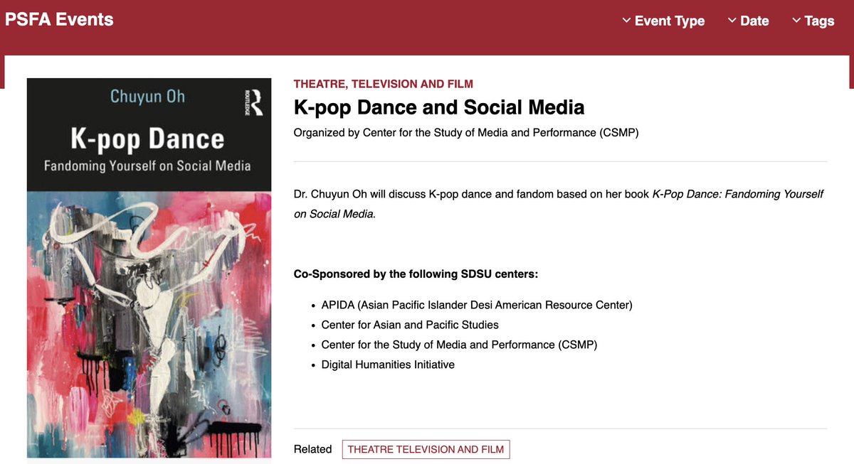 OhChuyun's tweet image. K-pop Dance book talk on Nov 10 co-sponsored by Asian Pacific Islander Desi American Resource Center, Center for Asian and Pacific Studies, Center for the Study of Media and Performance &amp;amp; Digital Humanities Initiative! Thank you @_DJHopkins and all! library.sdsu.edu/events/k-pop-d…